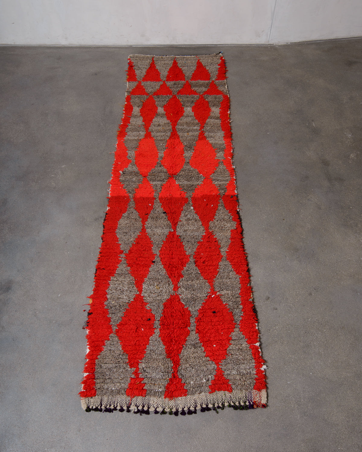 Modern, designer, handcrafted Berber runner rug from Morocco. Vintage carpet with beautiful colours and patterns and fluffy texture.